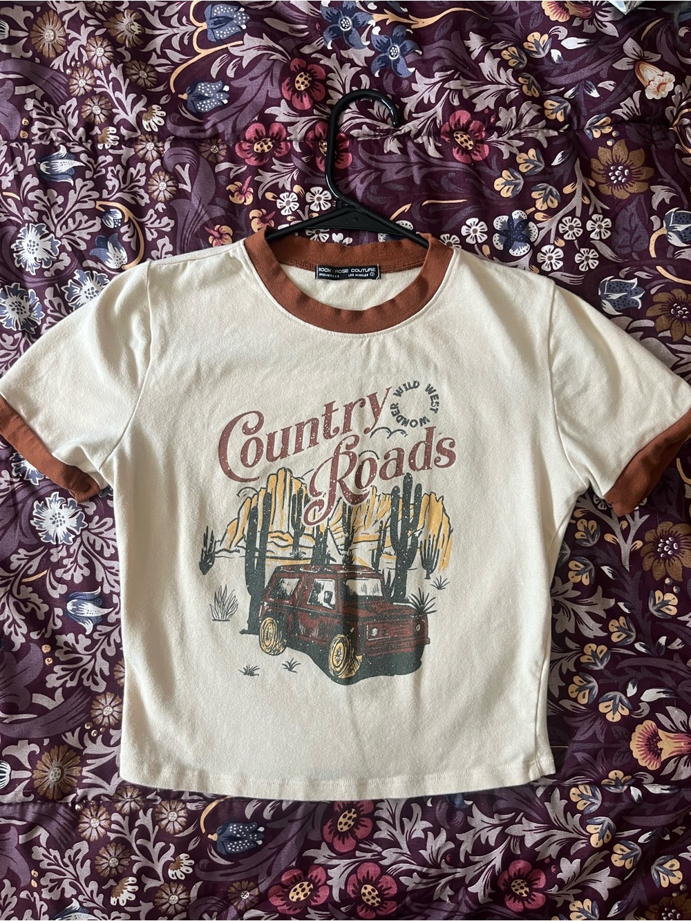 Wild West Country Roads Ringer Tee - Cream with Brown Trim
